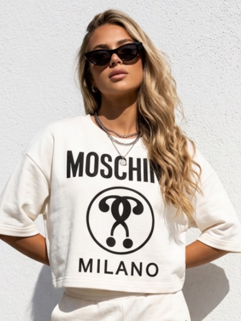 MOSCHINO COUTURE! Milano Italy Sweatshirt Cropped Boxy Short Sleeve Black White